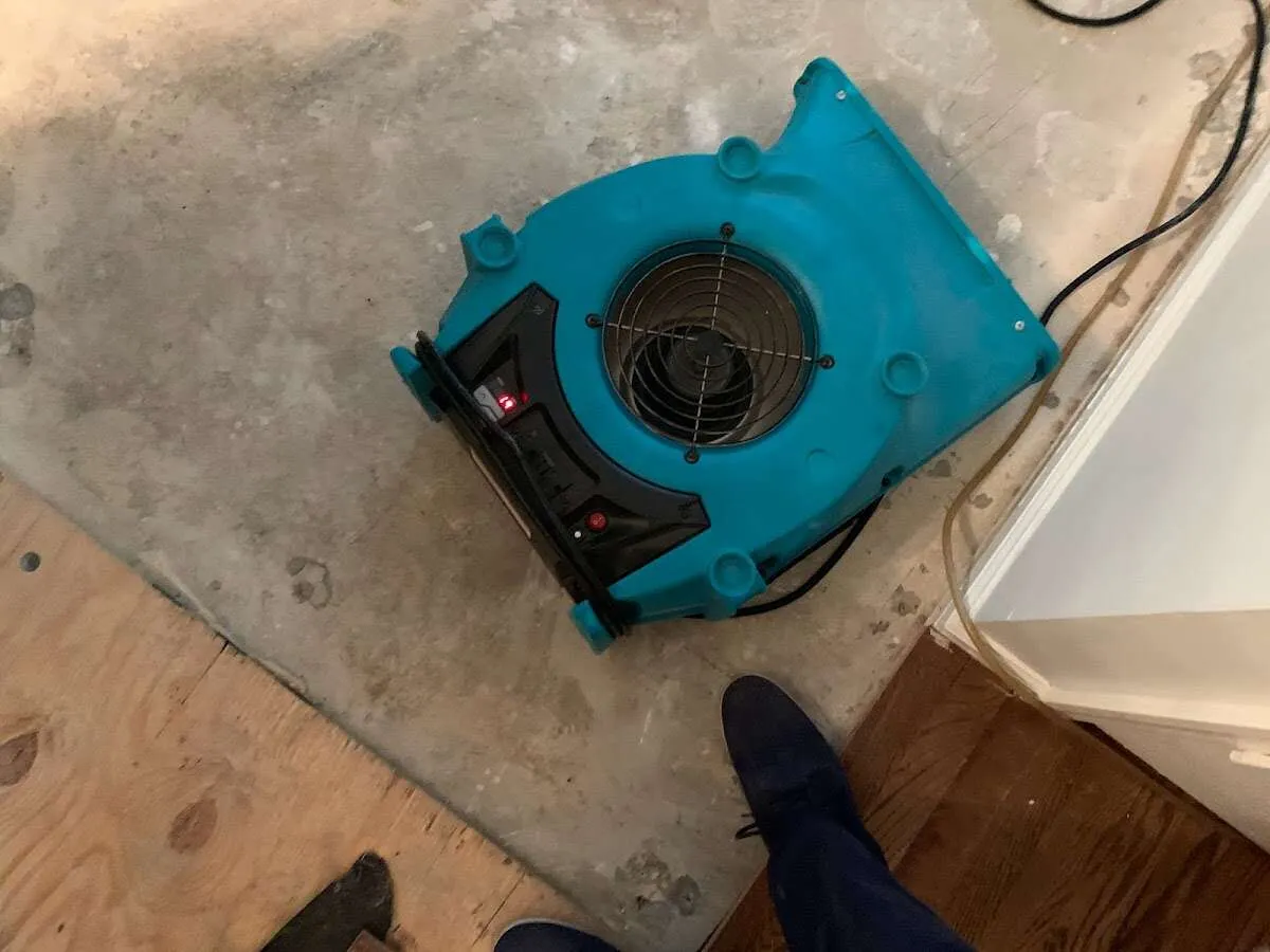 Air mover drying subfloor during Leak Detection & Repair in Archbald